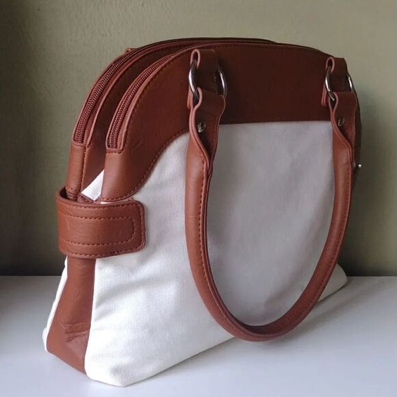 B Amici Amelia White Canvas & Tan Trimming Satchel Shoulder Bag - Picture 6 of 16